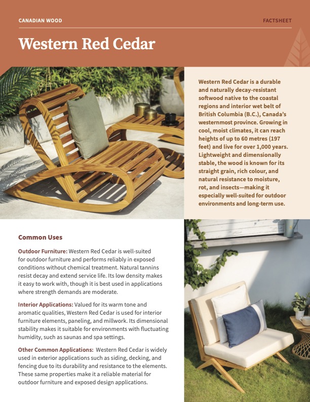 This publication provides an overview of the working properties and common uses of Western Red Cedar.